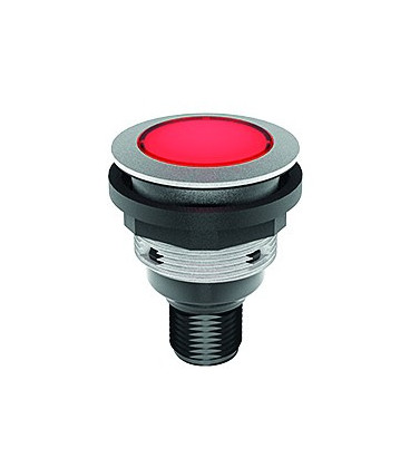 Pulsador industrial luminoso STLI_C005, formato rasante, IP65/IP67, taladro de 22mm con conector M12 integrado. Serie SHORTRON C